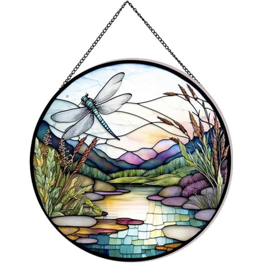 River & Dragonfly Pattern Suncatcher Stained Glass,Hanging Stained Glass Window